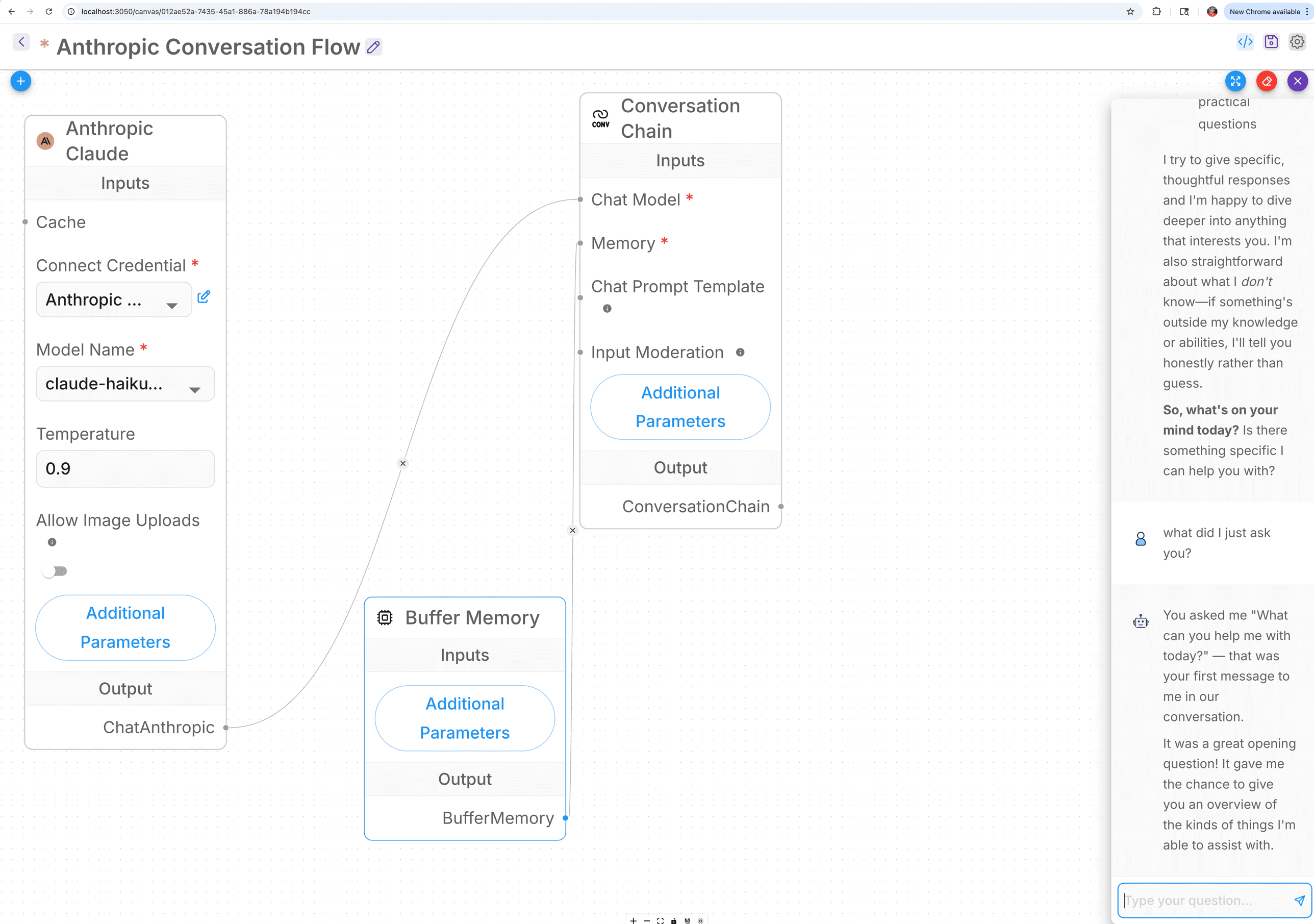The 'Anthropic Conversation Flow' chatflow on the Flowise canvas with three nodes (ChatAnthropic, Conversation Chain, Buffer Memory) all wired together. Chat panel on the right shows a memory test: I asked 'what did I just ask you?' and the bot correctly quoted my prior message, proving the Buffer Memory wire is functional.