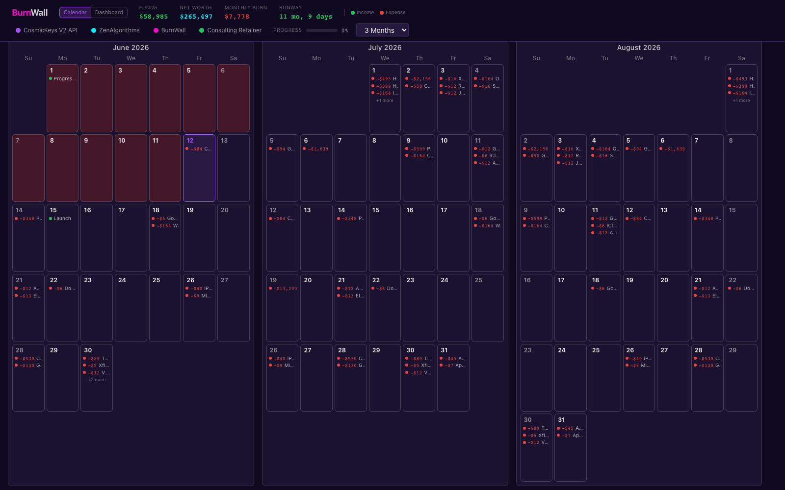 BurnWall panoramic calendar — per-day expense and income rings across multiple months, with headline funds, net worth, burn, and runway metrics pinned at the top