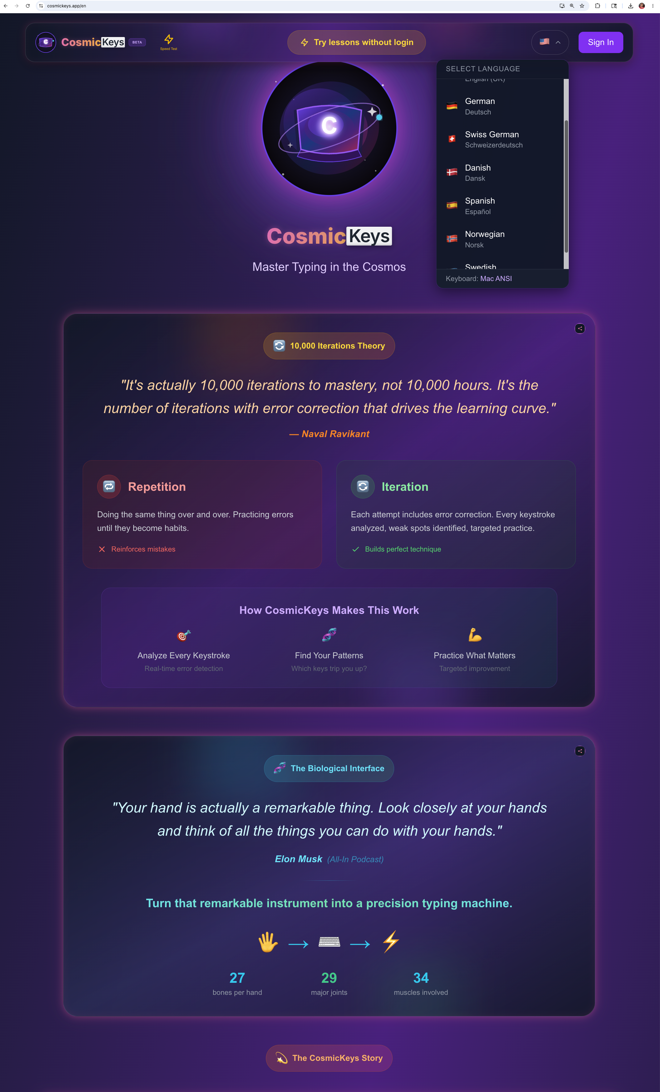 CosmicKeys homepage with the language dropdown open showing all 8 supported language selector entries
