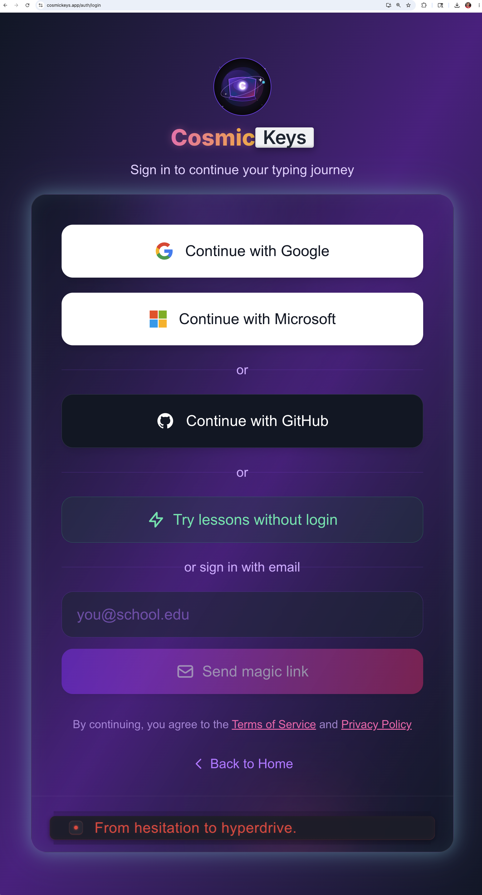 CosmicKeys login page with available authentication mechanisms