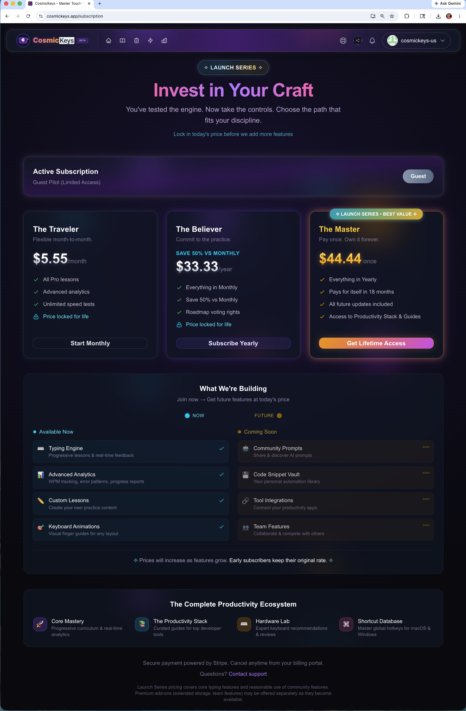 Subscription management screen