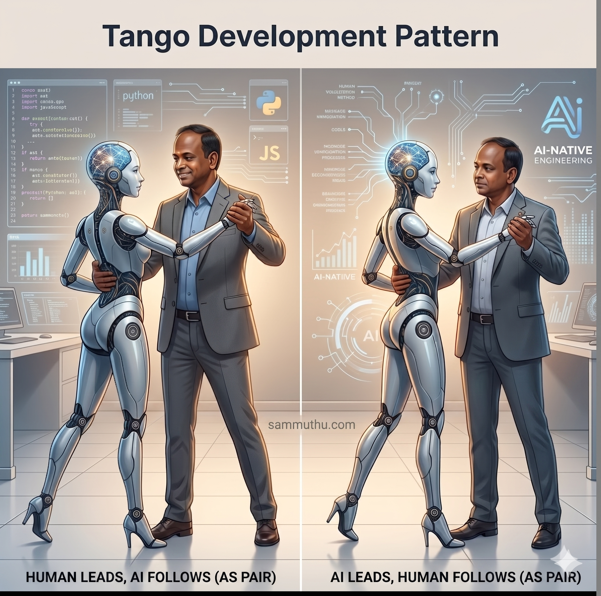 Tango Development Pattern (TDP) — two panels showing the role swap: left panel labelled 'human leads the dance' with the human guiding the AI partner, right panel labelled 'ai partner leads' with the AI guiding the human