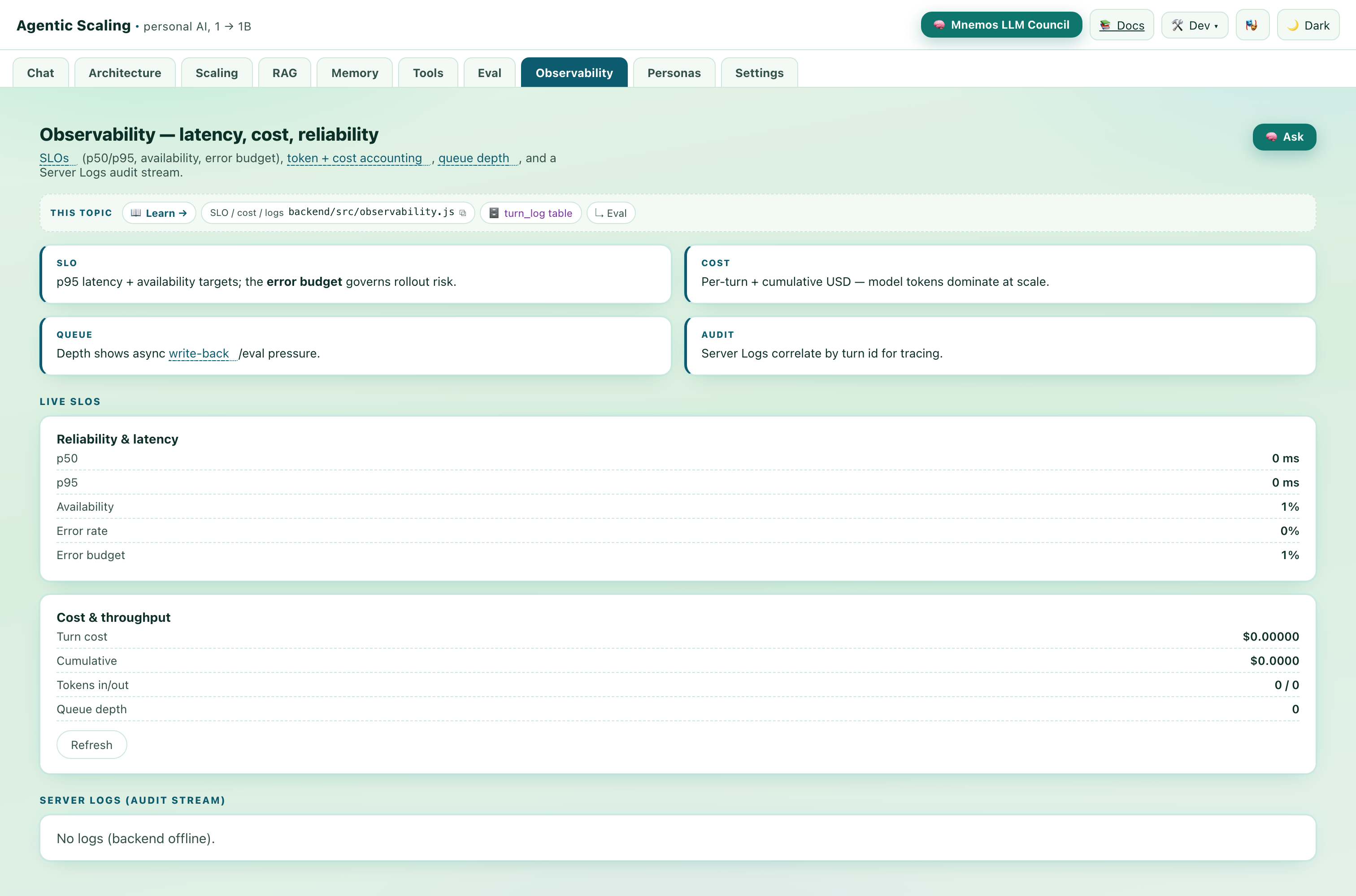 The observability tab — token accounting, latency, cost, and per-turn traces.