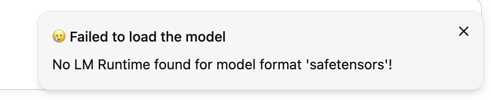 LM Studio error dialog: Failed to load the model — No LM Runtime found for model format 'safetensors'!