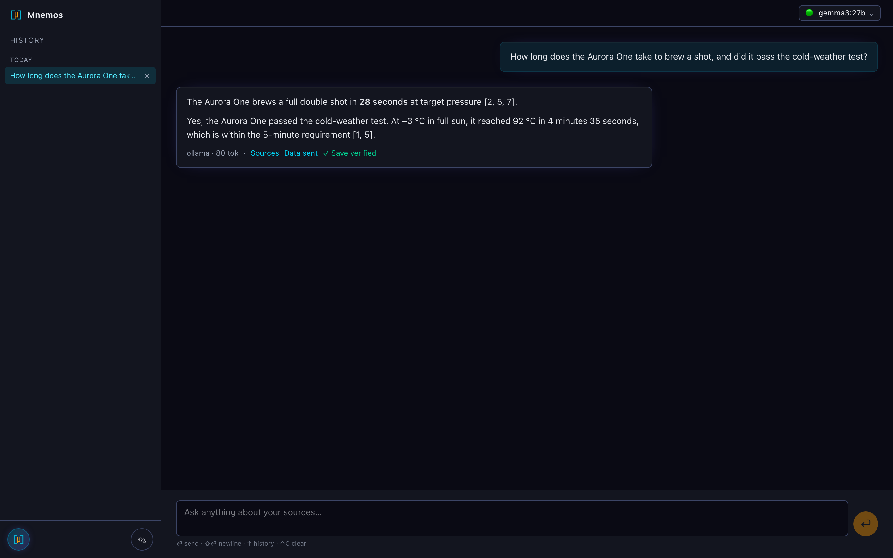 Mnemos chat with a cited cross-document answer — Markdown render, numbered citations, metrics footer, Sources / Data sent / verified actions