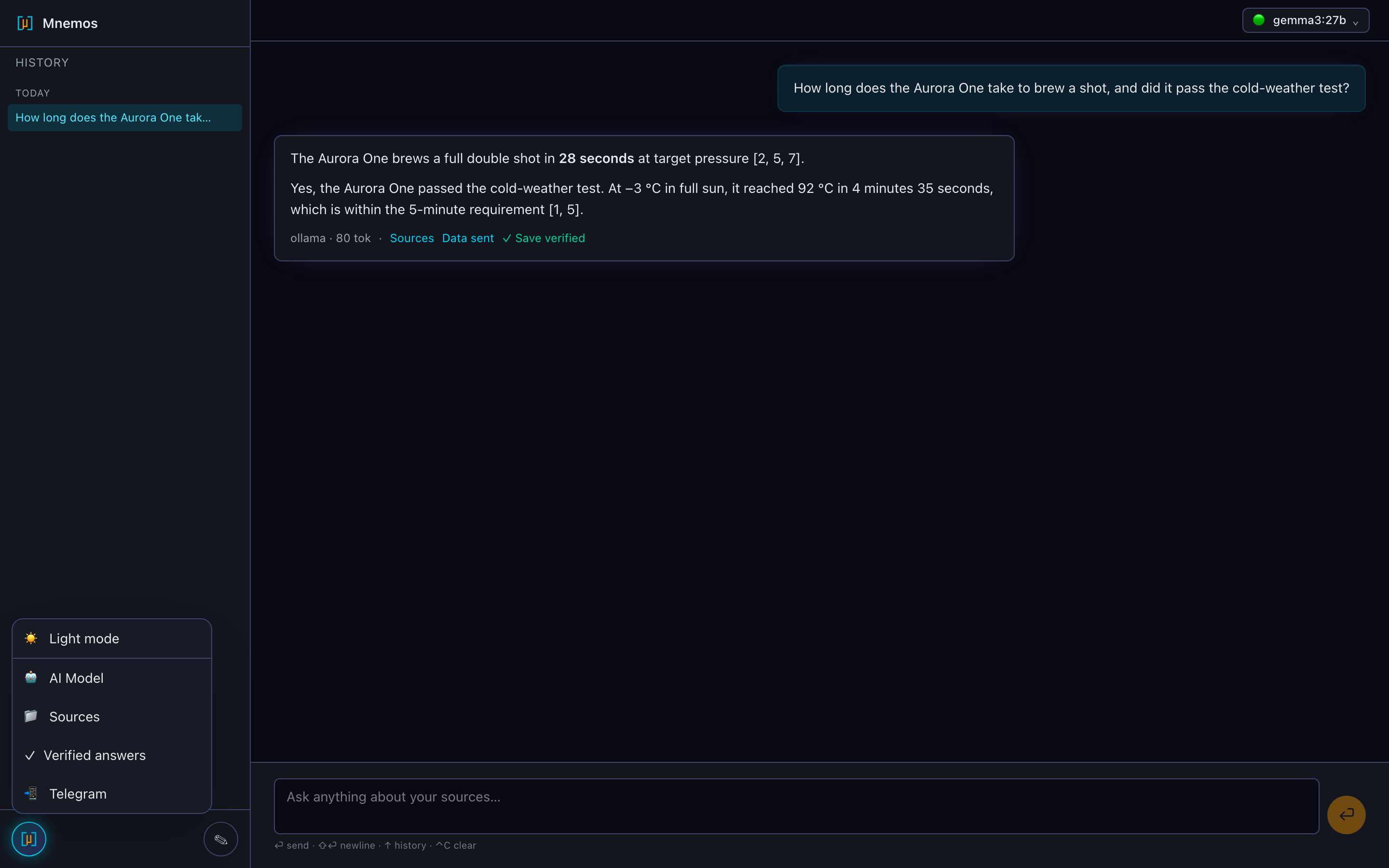 Mnemos settings launcher menu — theme, AI model, sources, verified answers, Telegram