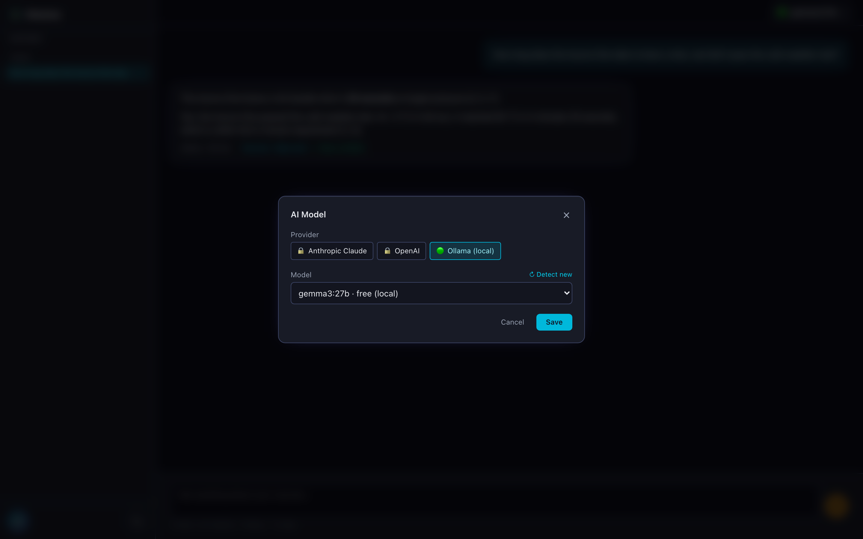 Mnemos AI model picker — local Ollama default, frontier providers opt-in