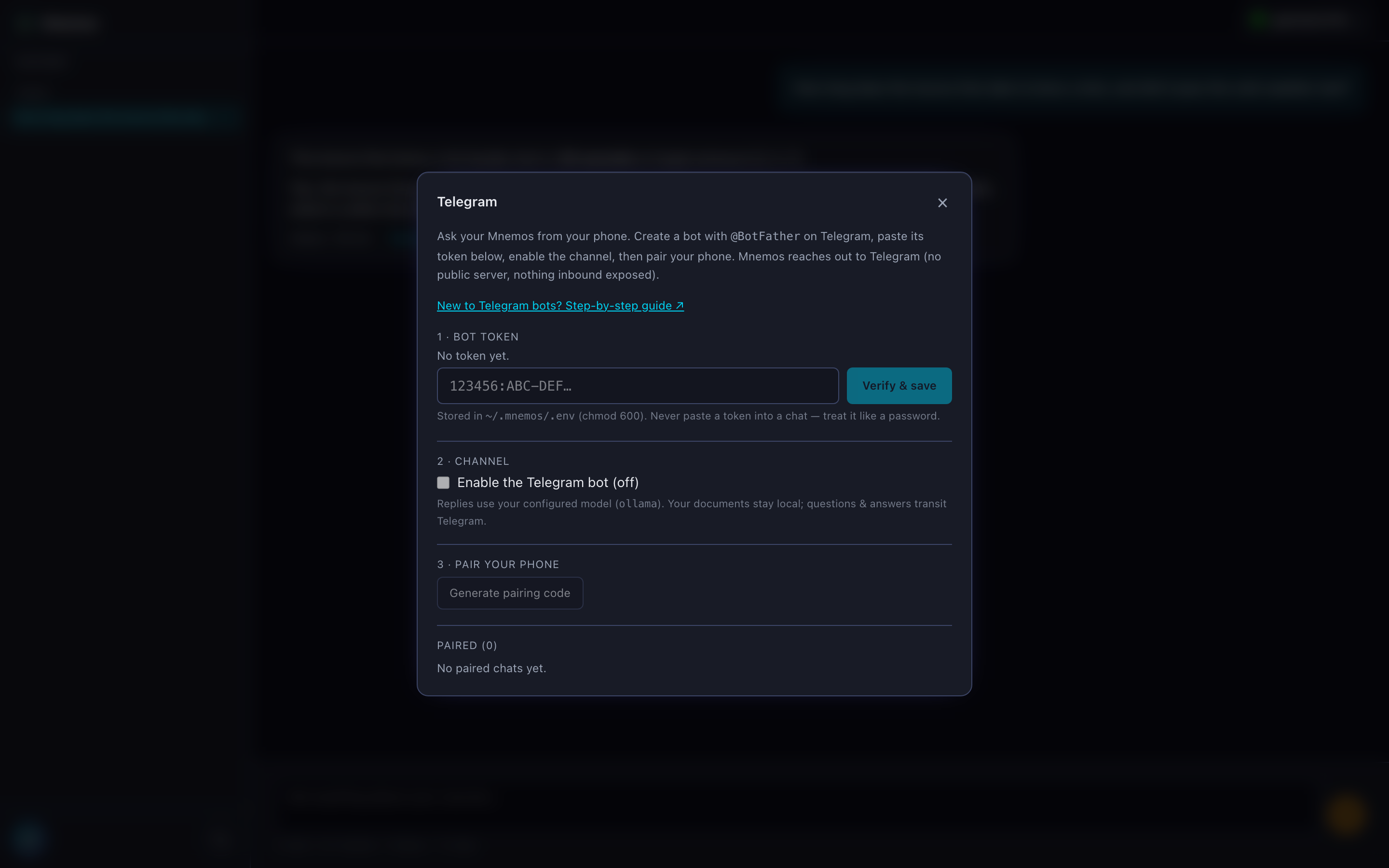 Mnemos Telegram setup — paste a bot token, enable the channel, pair your phone with a single-use code