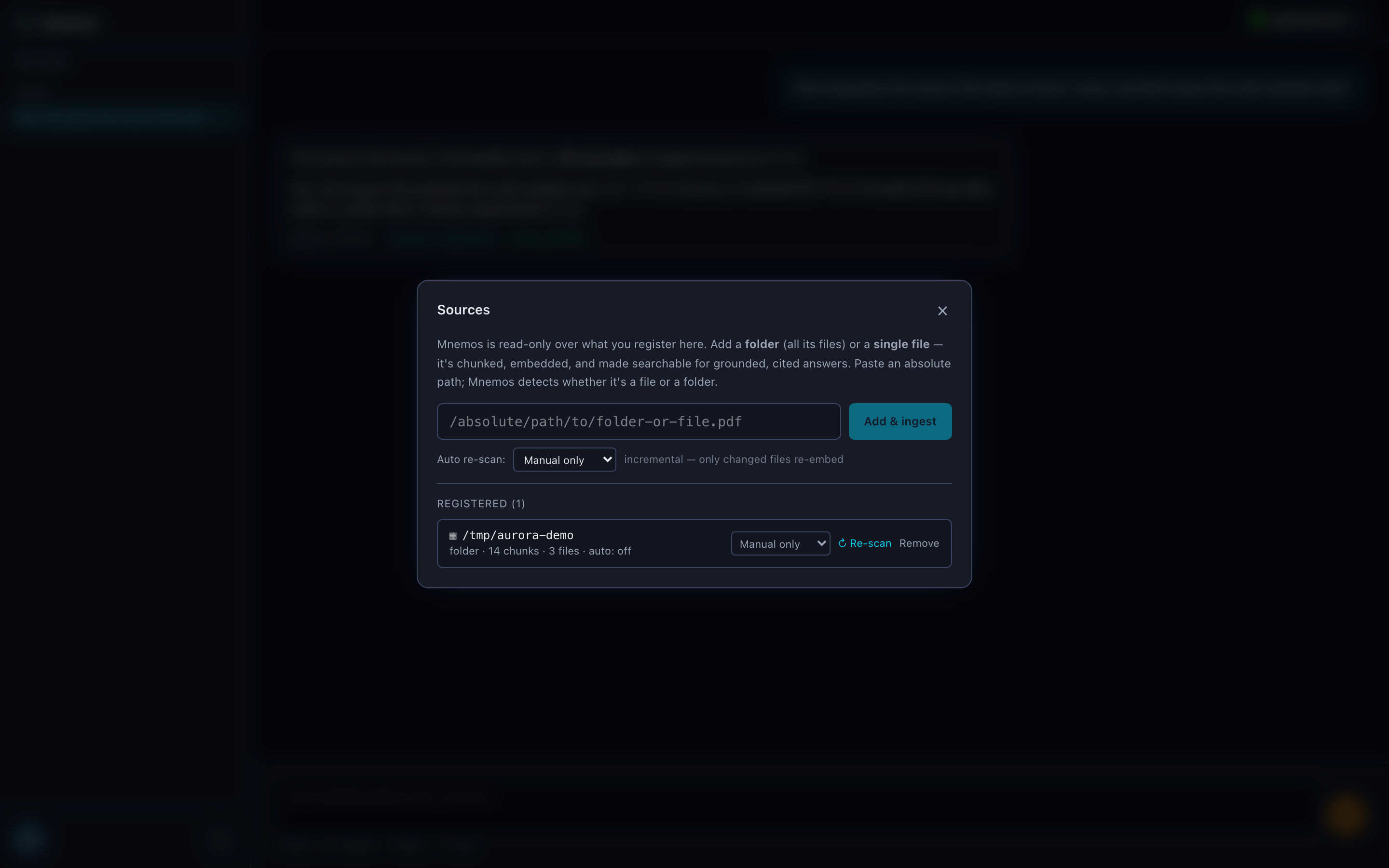 Mnemos sources panel — register a folder or single file, read-only, with per-source re-scan cadence