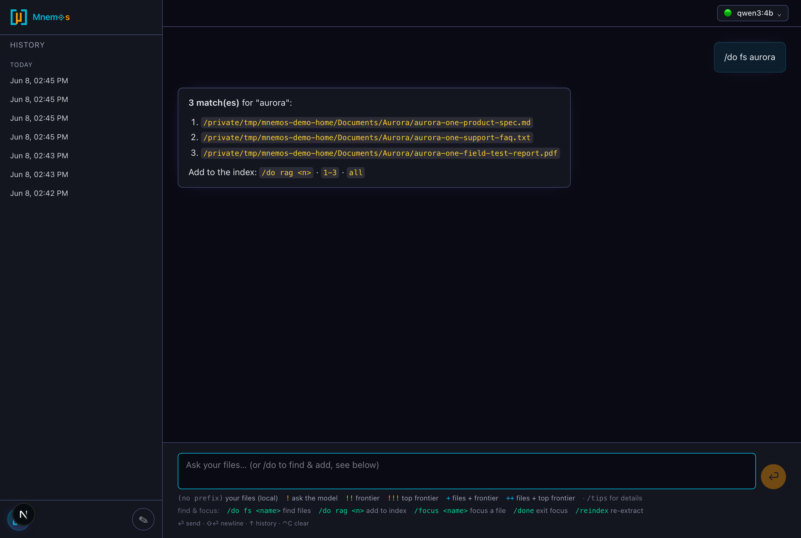 Mnemos web chat — /do fs returns a numbered list of matching files, with the find-and-focus command legend under the input