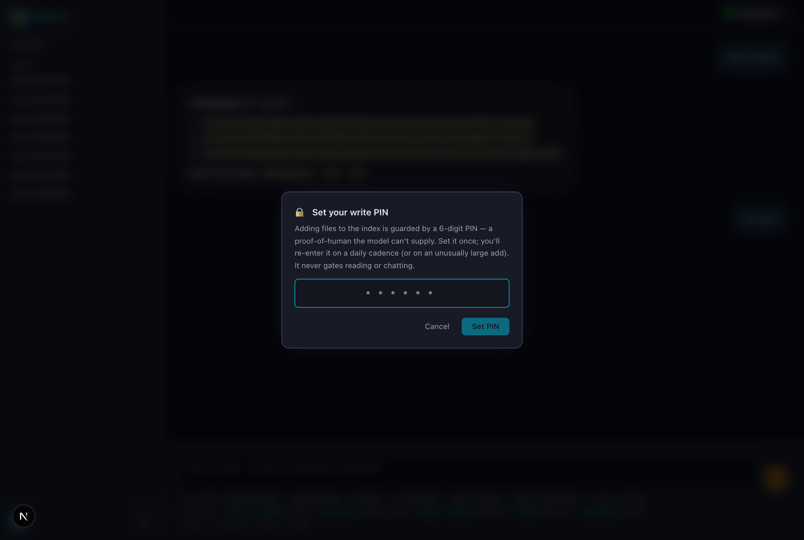 Mnemos web chat — the 6-digit PIN write-gate modal that guards adding files to the index