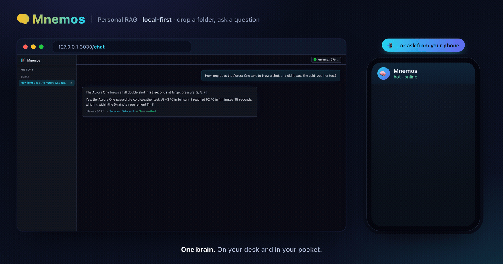 Mnemos demo β cited answers from your own files, on your desktop and from your phone via Telegram