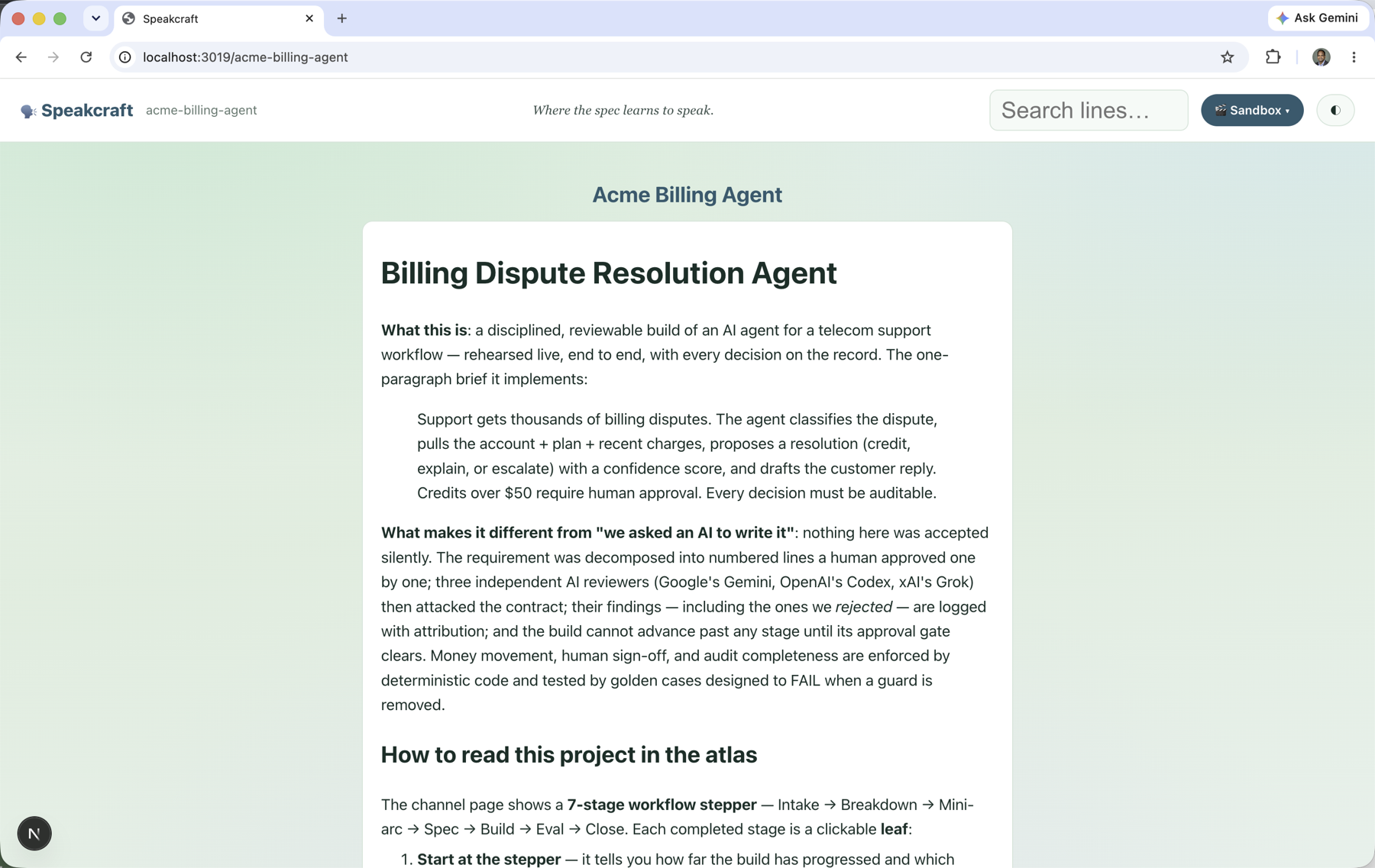 Speakcraft atlas overview of the Acme Billing Agent: the one-paragraph brief and the review discipline that produced it