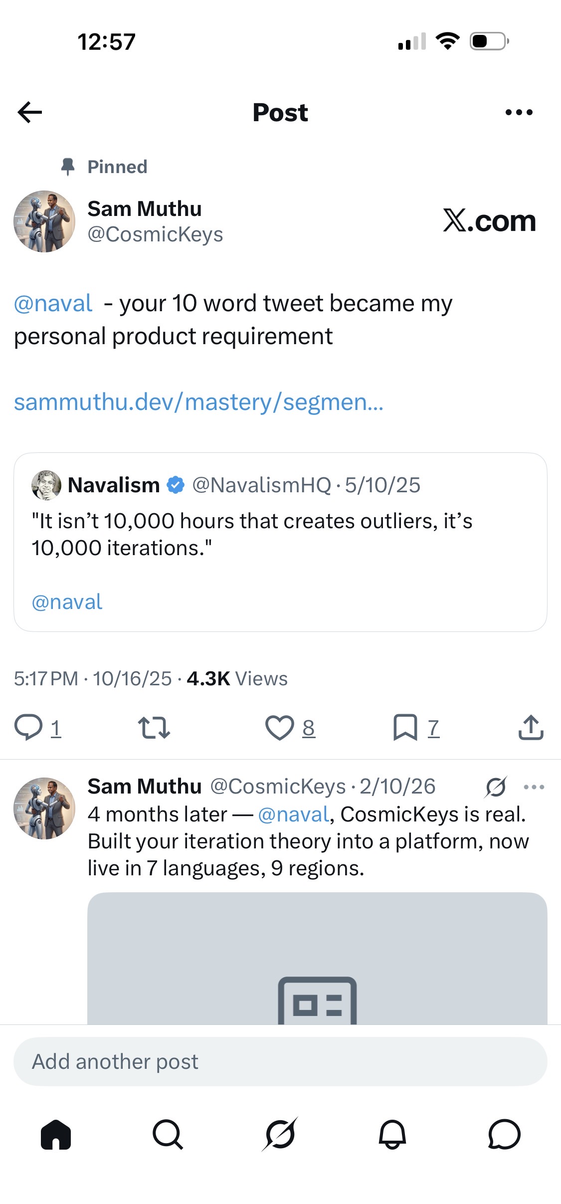 X post 'Liked by' panel showing @naval at the top of the list of users who liked Sam Muthu's post about Segment Loop Master