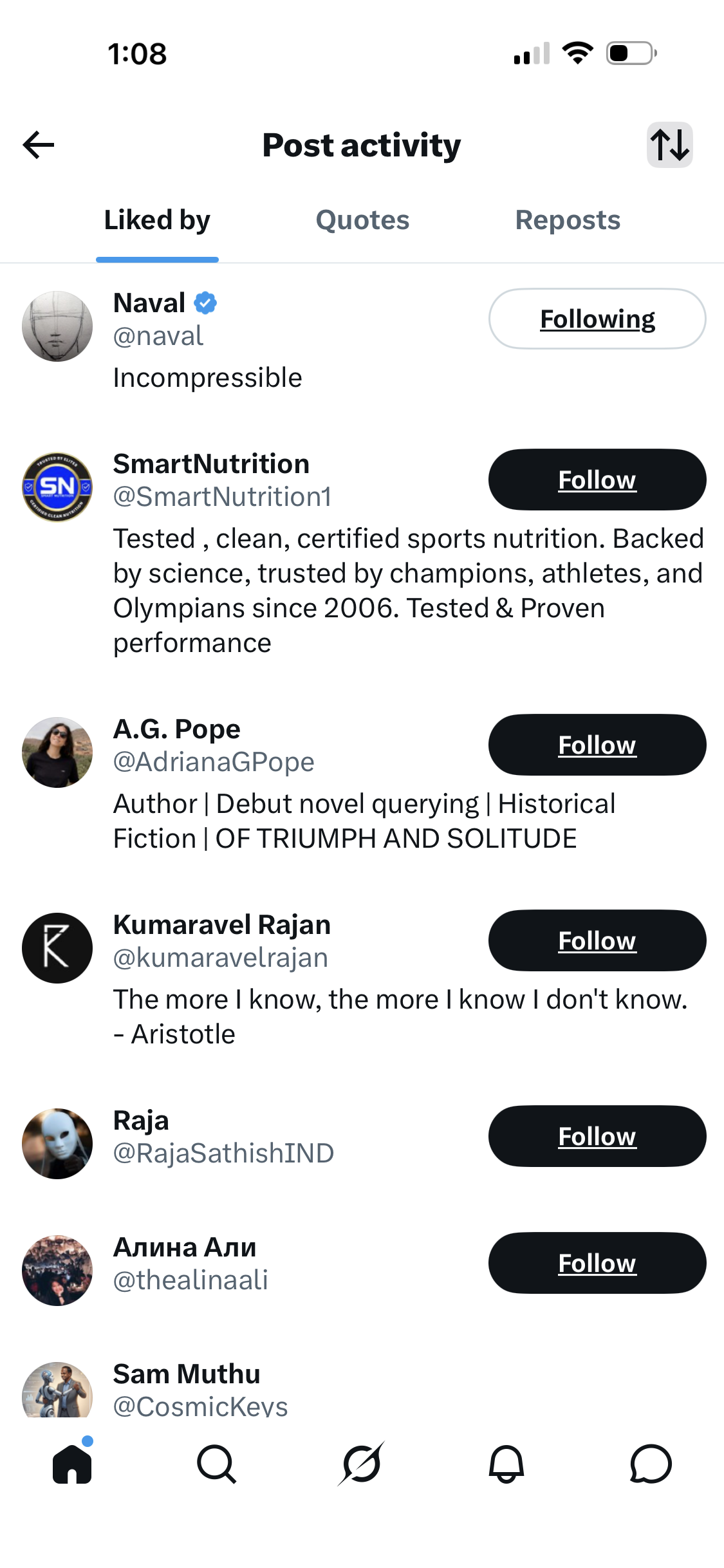 Sam Muthu's pinned X post to Naval Ravikant β 'your 10-word tweet became my personal product requirement' with the original Navalism tweet quoted, plus a 4-month follow-up reply
